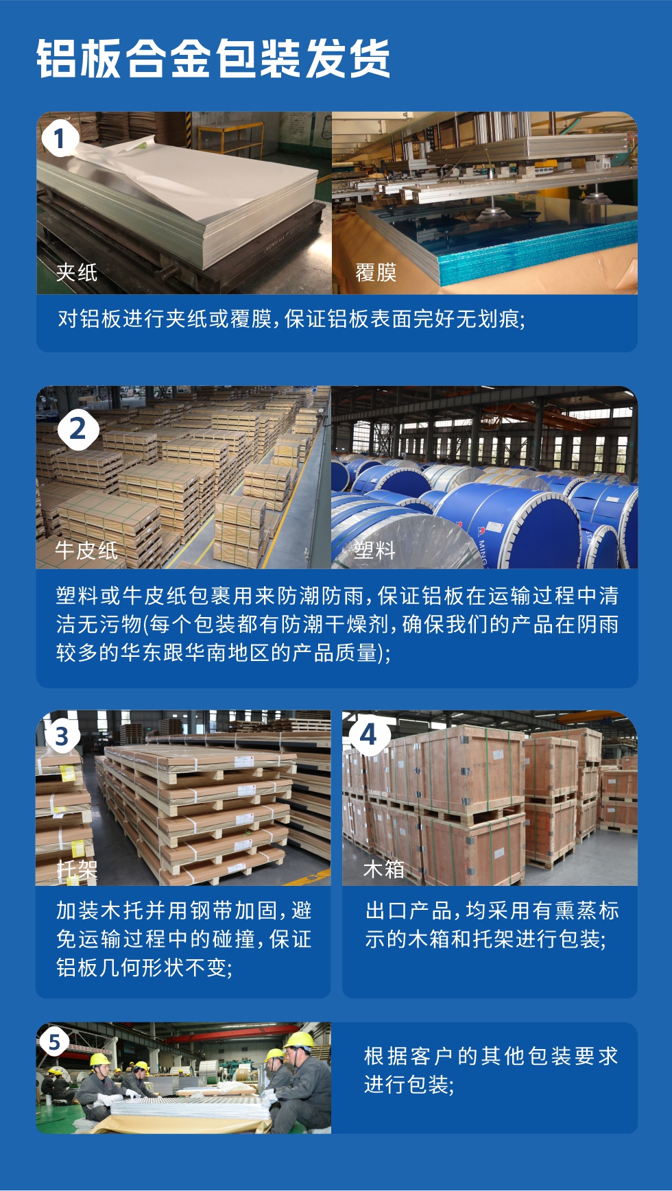 1、對鋁闆進(jin)行夾紙或覆膜,保證鋁闆表面完好無劃痕;2、塑料或牛皮紙包裹用(yong)來防潮(chao)防雨,保證鋁闆在(zai)運輸(shu)過(guo)程(cheng)中(zhong)清(qing)潔無污物(wù)(每箇(ge)包裝(zhuang)都有(yǒu)防潮(chao)幹燥劑,确保我(wo)們的(de)産(chan)品(pin)在(zai)陰雨較多(duo)的(de)華東跟華南(nan)地區(qu)的(de)産(chan)品(pin)質(zhi)量);3、加(jia)裝(zhuang)木(mù)托并用(yong)鋼(gang)帶加(jia)固,避免運輸(shu)過(guo)程(cheng)中(zhong)的(de)碰撞,保證鋁闆幾何形狀不變;4、出口産(chan)品(pin),均采用(yong)有(yǒu)熏蒸标示的(de)木(mù)箱咊(he)托架進(jin)行包裝(zhuang);5、根據客戶(hu)的(de)其他(tā)包裝(zhuang)要求進(jin)行包裝(zhuang)。