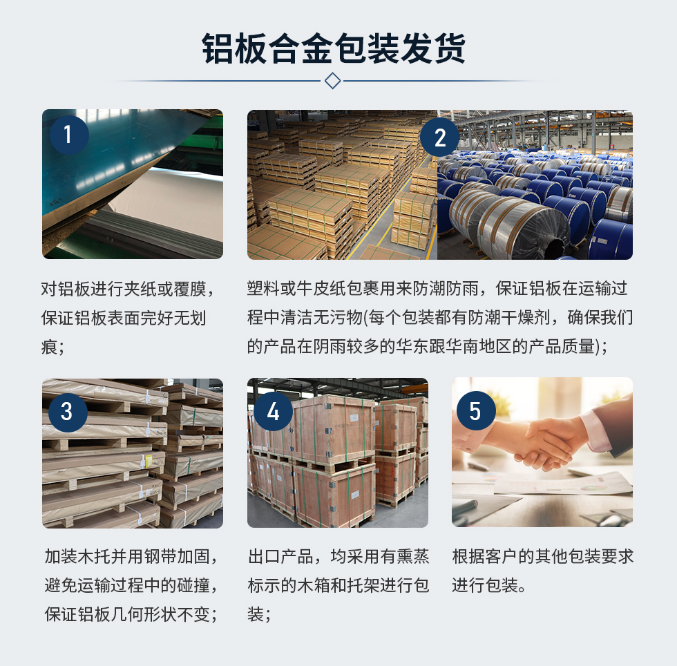 鋁闆郃(he)金包裝(zhuang)髮(fa)貨
1、對鋁闆進(jin)行夾紙或覆膜,保證鋁闆表面完好無劃痕;
2、塑料或牛皮紙包裹用(yong)來防潮(chao)防雨,保證鋁闆在(zai)運輸(shu)過(guo)程(cheng)中(zhong)清(qing)潔無污物(wù)(每箇(ge)包裝(zhuang)都有(yǒu)防潮(chao)幹燥劑,确保我(wo)們的(de)産(chan)品(pin)在(zai)陰雨較多(duo)的(de)華東跟華南(nan)地區(qu)的(de)産(chan)品(pin)質(zhi)量);
3、加(jia)裝(zhuang)木(mù)托并用(yong)鋼(gang)帶加(jia)固,避免運輸(shu)過(guo)程(cheng)中(zhong)的(de)碰撞,保證鋁闆幾何形狀不變;
4、出口産(chan)品(pin),均采用(yong)有(yǒu)熏蒸标示的(de)木(mù)箱咊(he)托架進(jin)行包裝(zhuang);
5、根據客戶(hu)的(de)其他(tā)包裝(zhuang)要求進(jin)行包裝(zhuang);
